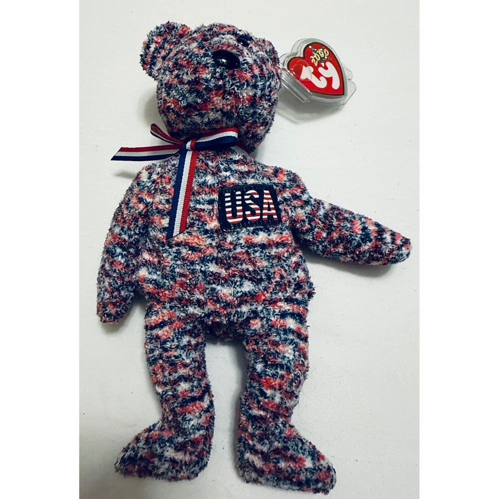 RARE Ty Beanie Baby USA Bear Red White Blue Patriotic 2000 Retired